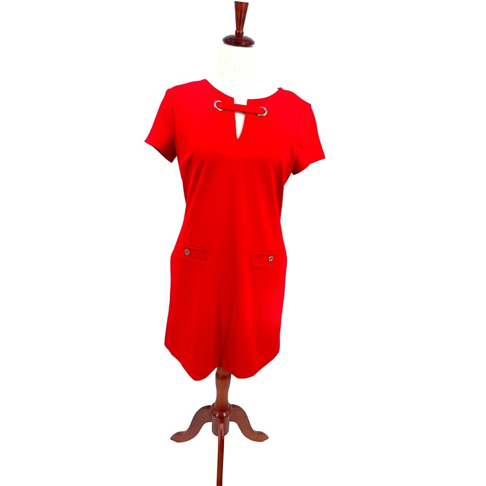 Tommy Hilfiger Sheath Dress Womens 12 Red Gold Button Faux Pocket Cap